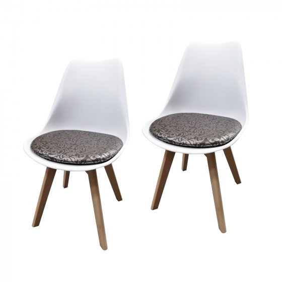Esszimmerstuhl 2er Set Weiß mit Kunstledersitz Atlanta Braun mit Ornament