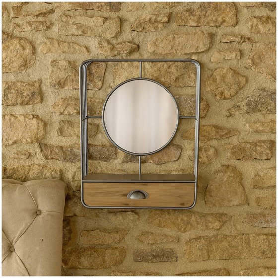 Wandspiegel mit Schublade Industrial Design aus Metall und Holz 