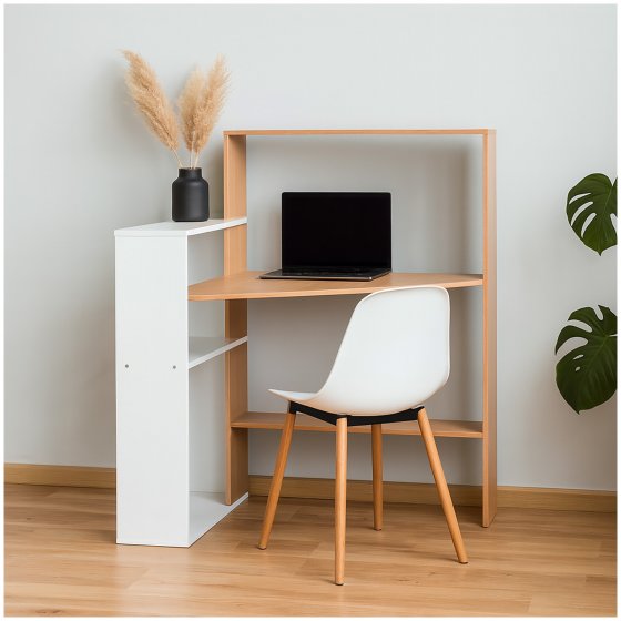 Winkelschreibtisch mit Regal platzsparender Schrei Holz Weiss modern für Homeoffice und Büro 