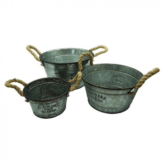 Pflanztopf Zink, rund, 3-teilig mit Jutegriff 