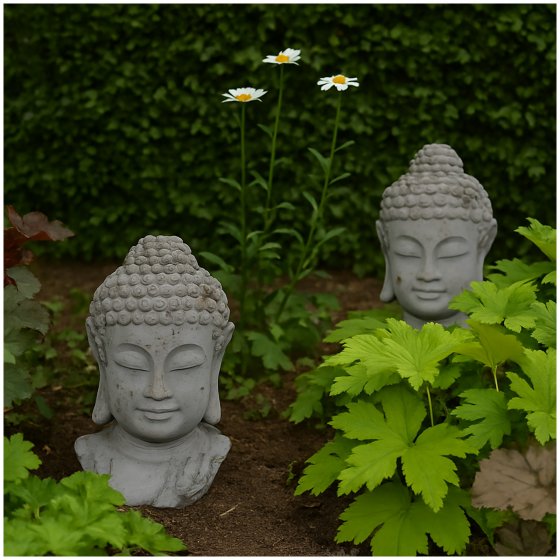 Buddhakopf Figur aus Zement in Grau matt Asiatische Dekoration für Innen und Außen 