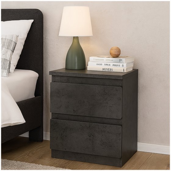 Nachtkommode 2er Set Beton mit 2 grifflosen Schubladen 