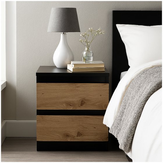 Nachtkommode 2er Set Schwarz-Artisaneiche 2 grifflosen Schubladen 