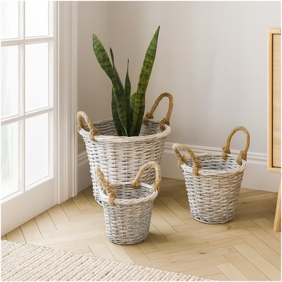 3er Set Pflanzkörbe aus Weide mit Juteseil rustikale Deko 