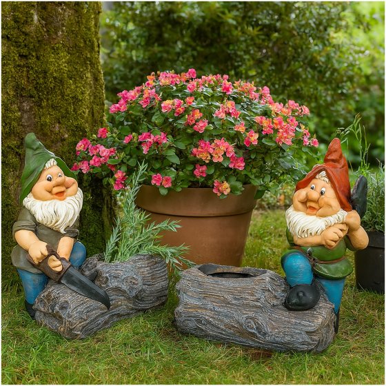 Gartenfigur Zwerg mit Pflanztopf 2er Set 