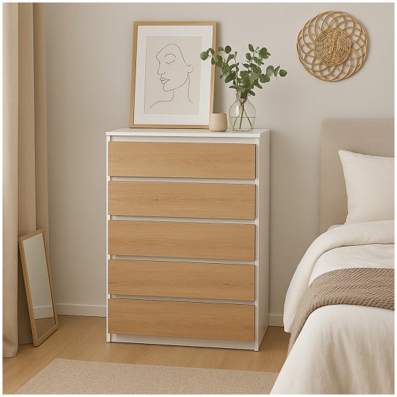 Kommode Weiß-Artisaneiche mit 5 grifflosen Schubladen 