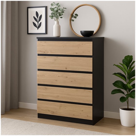 Kommode mit 5 grifflosen Schubladen Schwarz Artisaneiche 