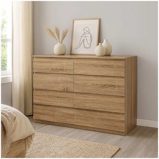 Moderne Kommode mit 8 grifflosen Schubladen Sonoma 