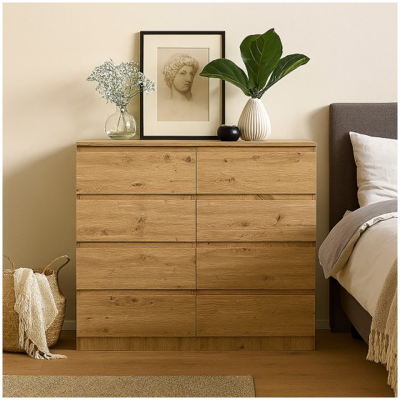 Moderne Kommode mit 8 grifflosen Schubladen Artisaneiche 
