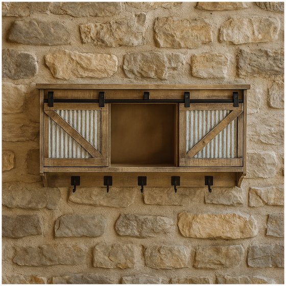 Rustikaler Wandschrank mit Schiebetüren und Haken Landhausstil für Flur, Küche oder Wohnzimmer 