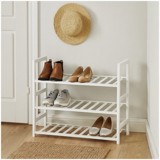 Schuhregal aus Bambus in Weiß 3 Ebenen 