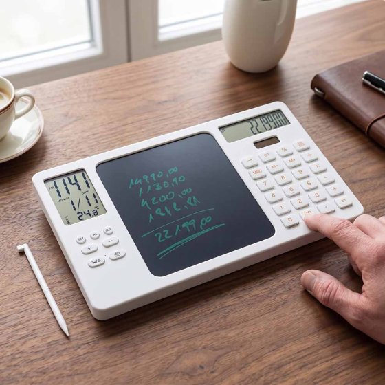 Elektronische Schreibtafel mit Taschenrechner und Uhr 