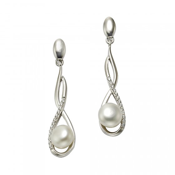 Ohrringe Silber 925 rhodiniert mit weißen Perlen 7mm und Zirkonia-Steinen 
