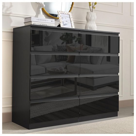 Sideboard Kenji 8 Schubladen Hochglanz Schwarz