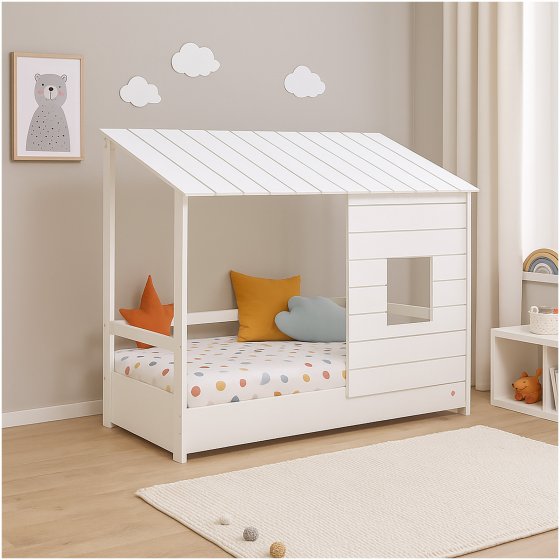 Hausbett Kinderbett 90x200 cm mit Dach und Fenster 