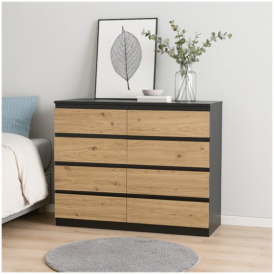 Moderne Kommode mit 8 grifflosen Schubladen Schwarz-Artisaneiche 