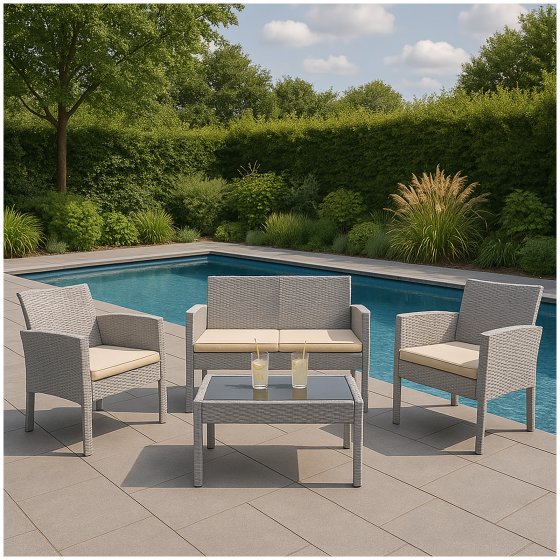 4-teiliges Polyrattan Lounge-Set mit Tisch Gartenmöbel Set Zita Grau 