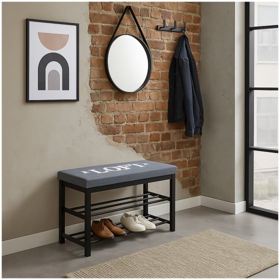 Sitzbank mit Schuhregal und Polster Metallgestell mit LOFT Aufschrift 