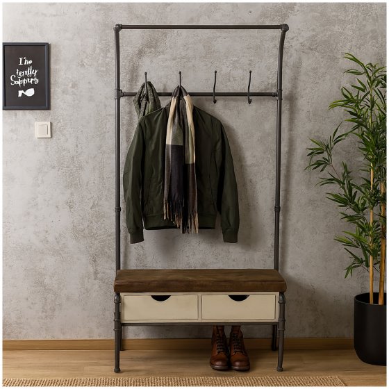 Garderobe im Steampunk-Design Industrial Look mit Sitzbank und Schubladen 