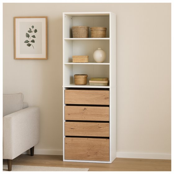 Schrank mit 4 Schubladen und 3 offenen Fächern Weiß/Artisaneiche 