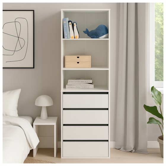 Hohe offene Kommode 3 Regalfächer 4 Schubladen