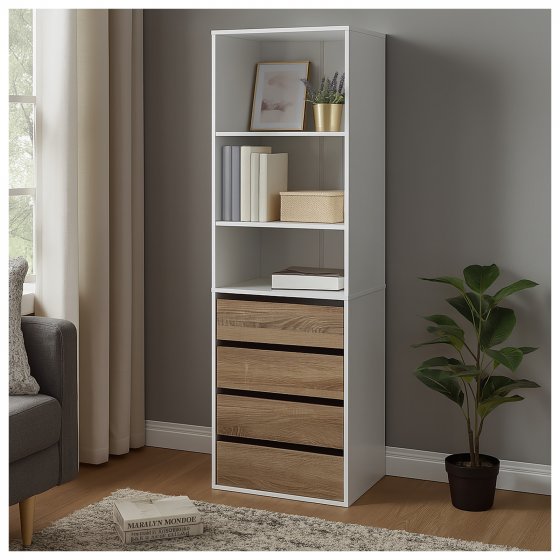 Schrank mit 4 Schubladen und 3 offenen Fächern Weiß/Sonoma