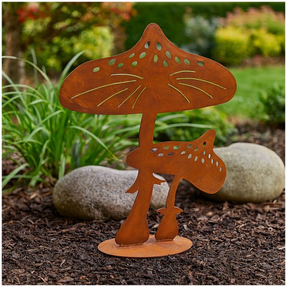 Dekorative Gartenfigur Fliegenpilz aus Metall in Rostoptik