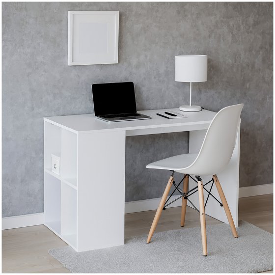 Schreibtisch in Weiß mit seitlichen Ablagefächern kompakter Bürotisch für Homeoffice und Büro