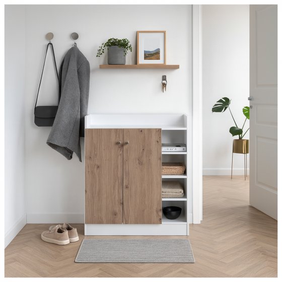 Sideboard mit 8 Regalfächern Weiß-Artisaneiche 