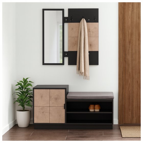 Garderobenpaneel mit Spiegel und Schuhbank Dana Schwarz-Baumscheibe 