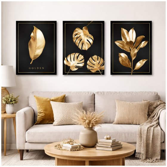 Wandbilder 3er Set Golden Leaves 