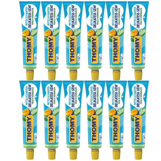 Thomy Delikatess Senf mittelscharf pikant gewürzt Tube 200ml 12er Pack 