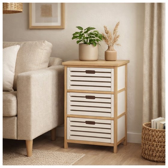 Kommode Melia 3 Schubladen Lamellen Artisaneiche-Weiß 