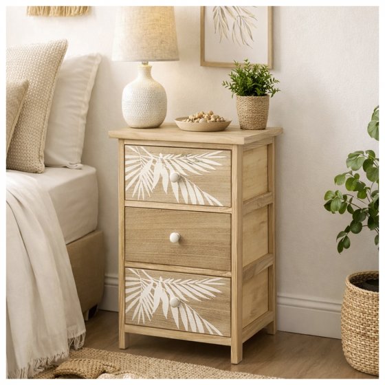 Kommode Melia 3 Schubladen Palmen-Design Artisaneiche-Weiß 