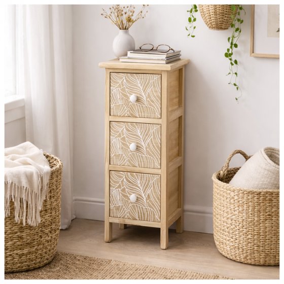 Kommode Melia schmal 3 Schubladen Blätter-Design Artisaneiche-Weiß 
