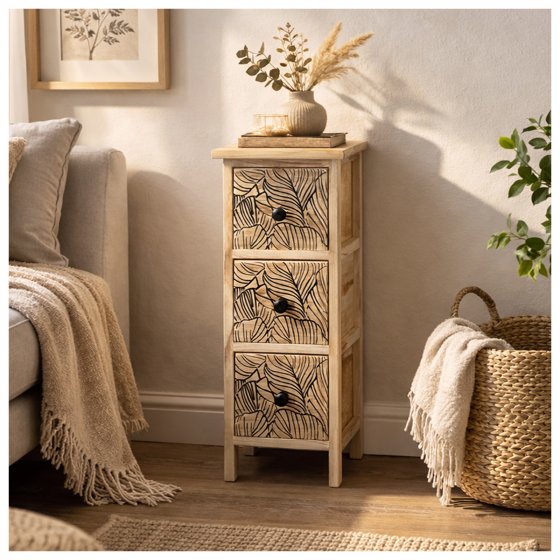 Kommode Melia schmal 3 Schubladen Blätter-Design Artisaneiche-Schwarz 