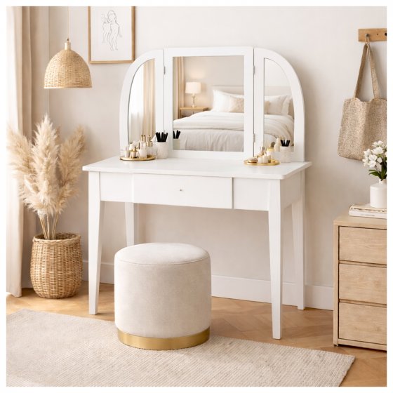 Schminktisch mit Schublade und Klappspiegel Weiß 