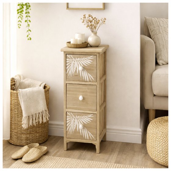 Kommode Melia schmal 3 Schubladen Palmen-Design Artisaneiche-Weiß 