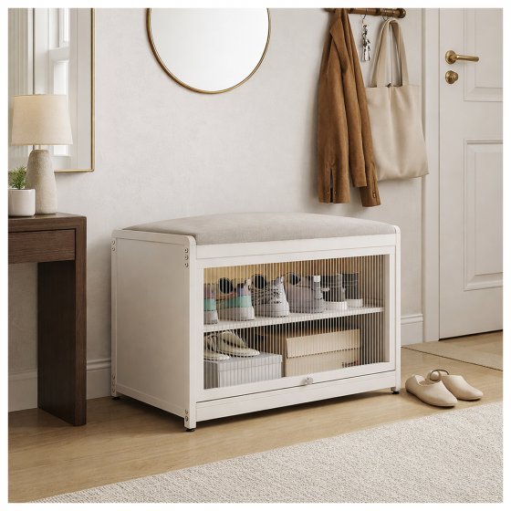 Schuhschrank mit Schiebetür und Sitzkissen Beige 