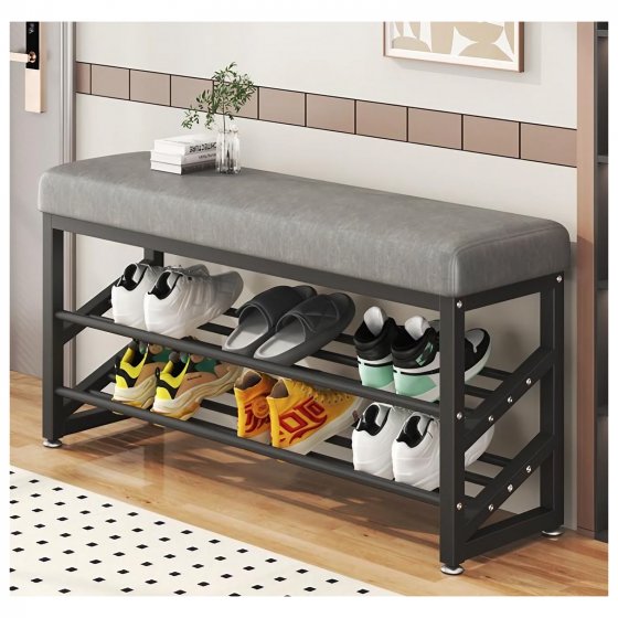 Schuhregal Metall 2 Ebenen mit Sitzkissen Grau 