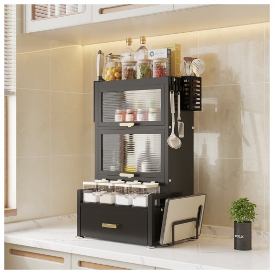 Gewürzregal mit Türen und Schublade Metall Schwarz 