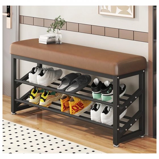 Schuhregal Metall 2 Ebenen mit Sitzkissen Braun 