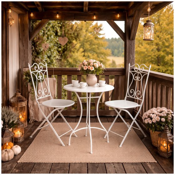 Bistro Sitzgruppe Metall Creme Tisch mit 2 Stühlen Balkon Set Gartenmöbel 