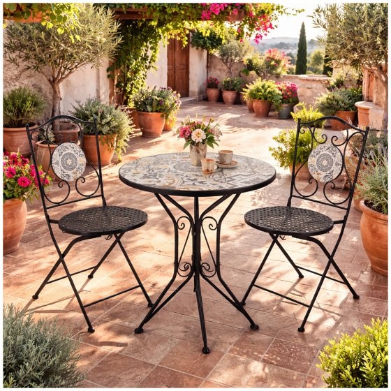 Bistro Sitzgruppe Metall schwarz Tisch mit 2 Stühlen Balkon Set mit Motiv Algier 