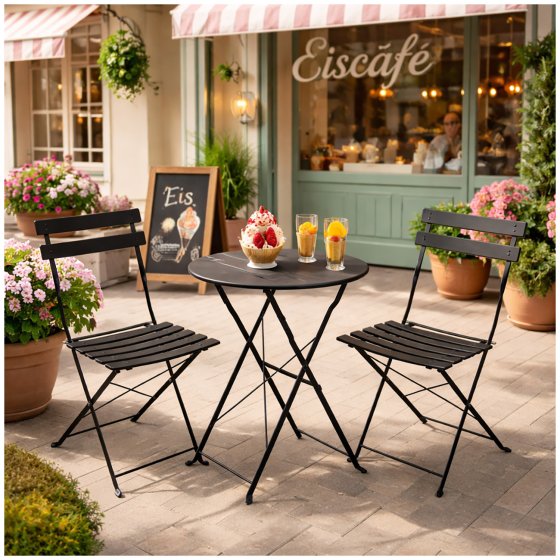 Bistro Sitzgruppe Metall Schwarz klappbar Tisch mit 2 Stühlen Balkon Set 