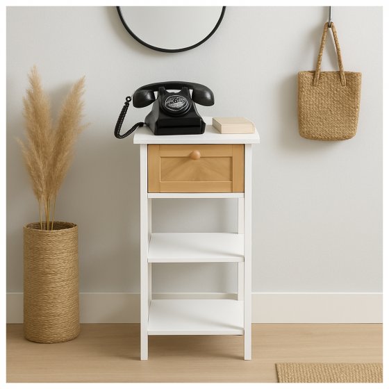 Beistelltisch Weiß mit Schublade in Holzoptik 