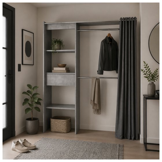 Offene Garderobe mit Vorhang Betonoptik 