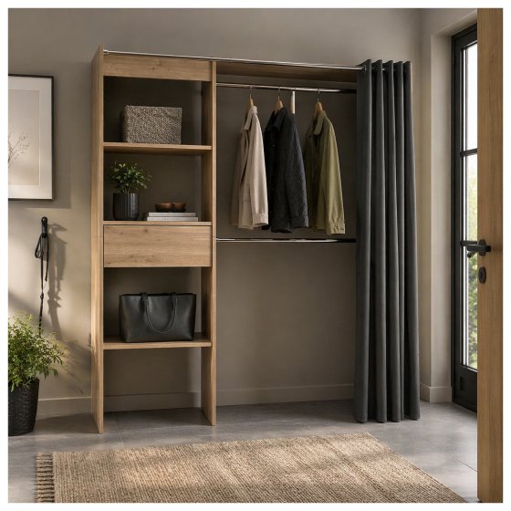 Offene Garderobe mit Vorhang Artisaneiche 