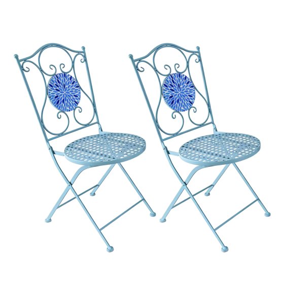Gartenstuhl 2er-Set Metall Blau mit Blütenmotiv 