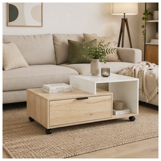 Couchtisch Cedrik auf Rollen mit Schublade Artisaneiche-Weiß 